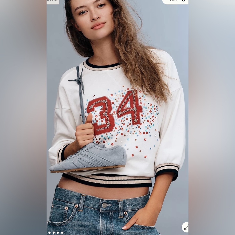 NWOT size Large Anthropologie Pilcro Beaded Varsity crew neck pullover